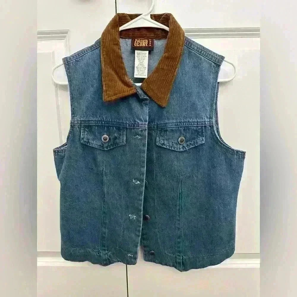 Vintage Faded Glory Corduroy Collared Denim Vest